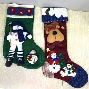 Vintage Embroidered  3D Snowman and Plush Reindeer Christmas Stockings